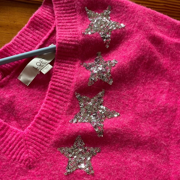 The Loft pink sweater with sequin stars- size L $20 - Picture 4 of 6